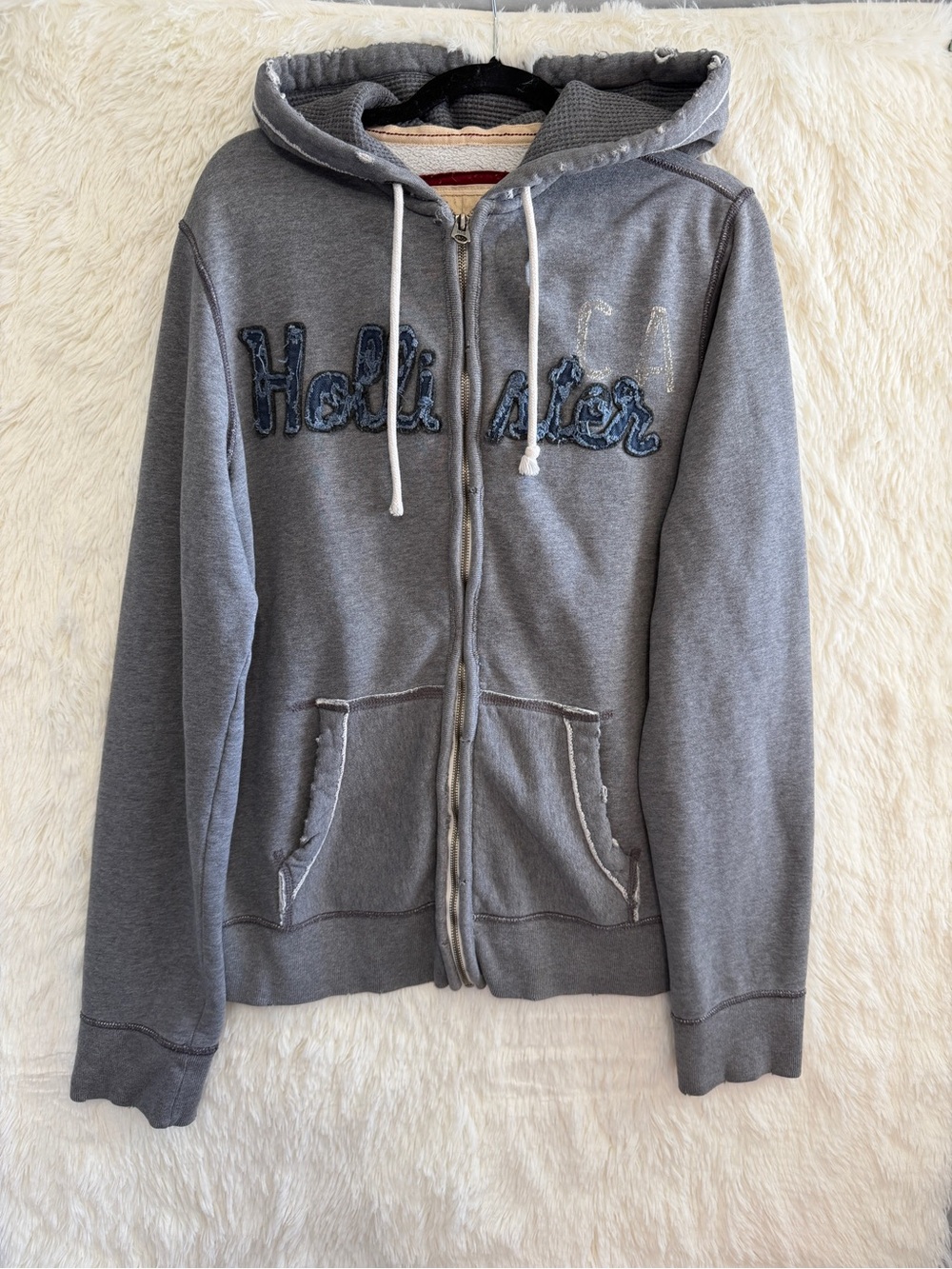 Vintage Y2K Hollister Mens Distressed Full Zip Hoodie Size XL Grey Grunge Skater